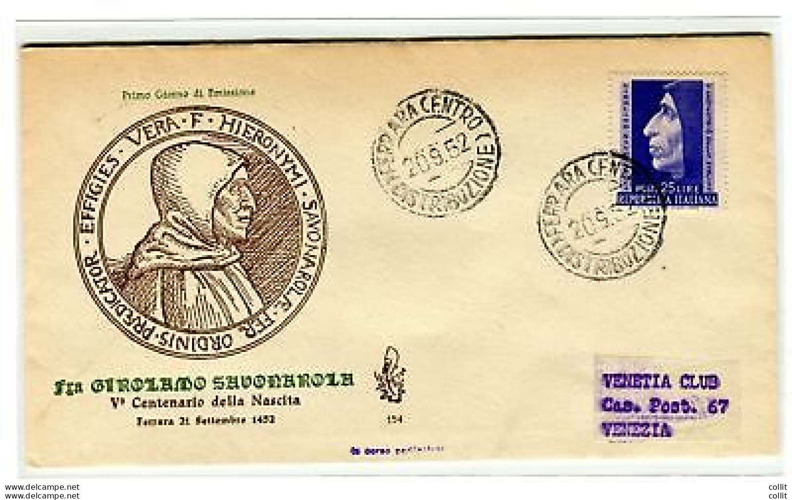 Italia FDC Venetia 1952 Savonarola  Non Viaggiata - FDC