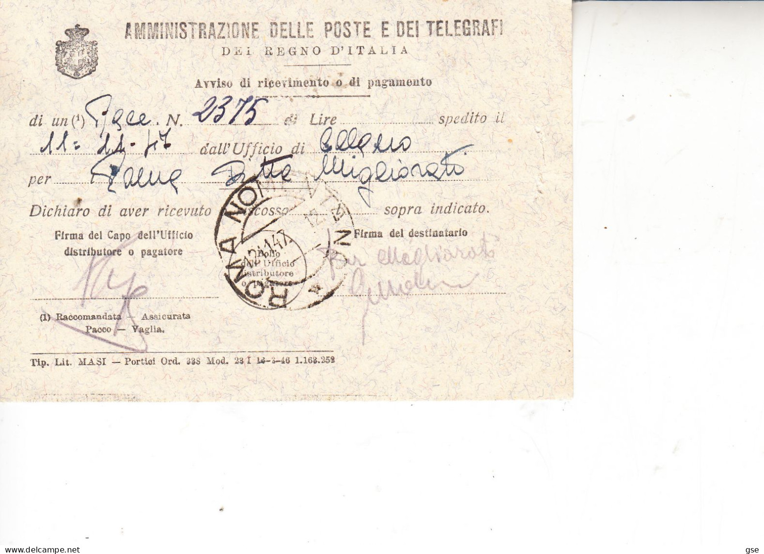 ITALIA 1947 - Avviso Ricevimento Da Celano A Roma - 1946-60: Storia Postale