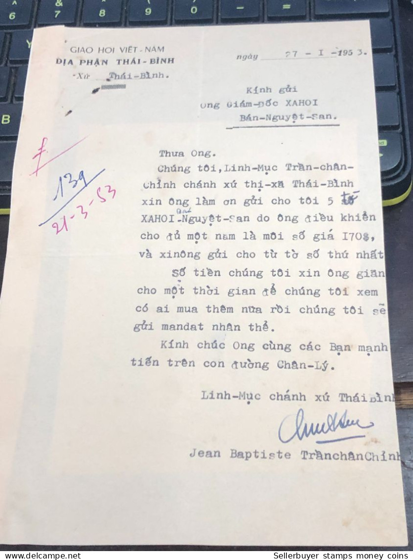 Soth Vietnam Letter-sent Mr Ngo Dinh Nhu -year-21/3/1953 No-139- 1 Pcs Paper Very Rare - Historische Documenten