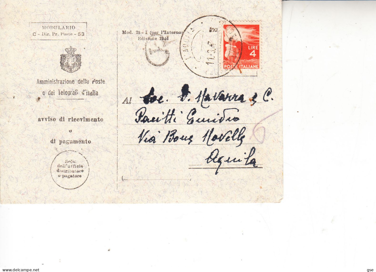 ITALIA 1947 - Avviso Ricevimento Da Aquila Per Aquila - 1946-60: Storia Postale