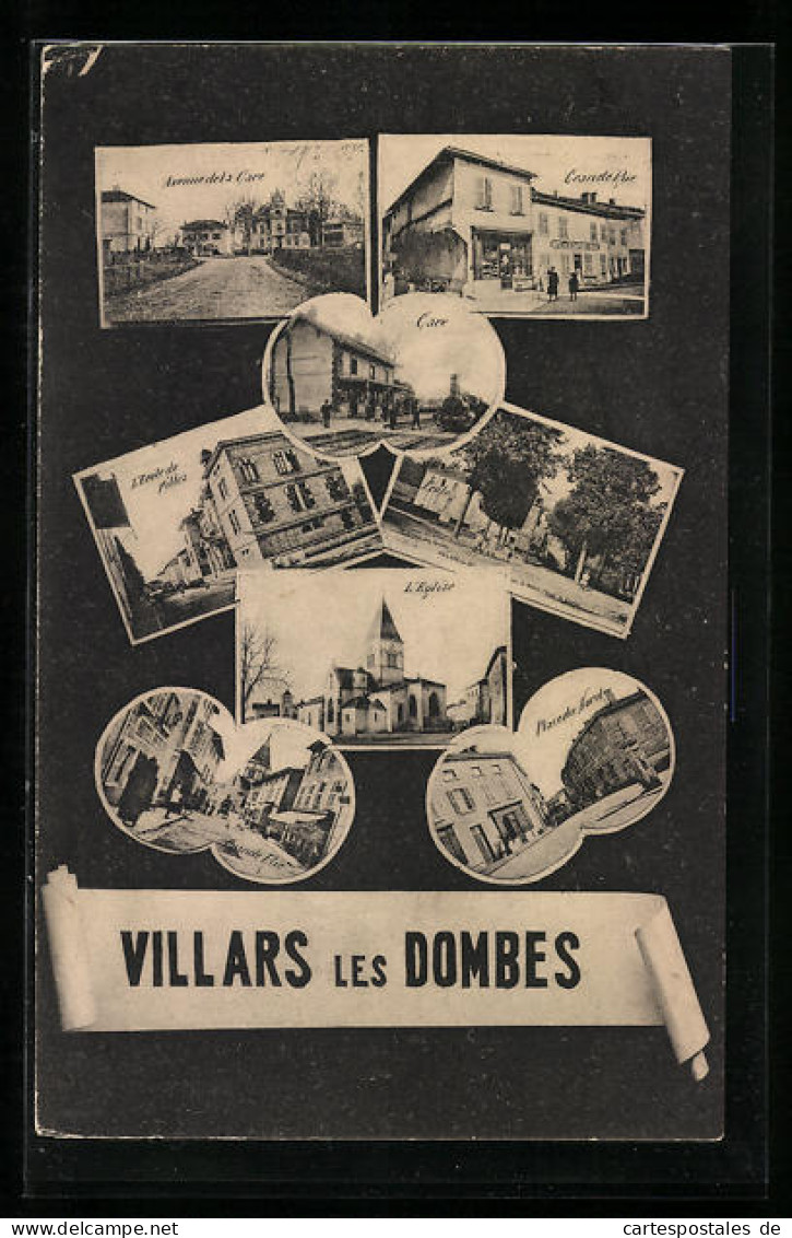 CPA Villars-les-Dombes, Avenue De La Gare, Grande Rue, La Gare, L`Eglise, Place Du Nord  - Villars-les-Dombes