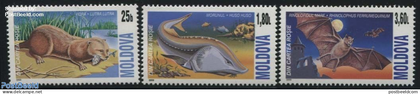 Moldova 1999 Endangered Animals 3v, Mint NH, Nature - Animals (others & Mixed) - Bats - Fish - Fische