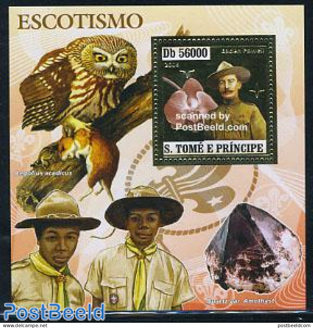 Sao Tome/Principe 2006 Scouting S/s, Gold, Mint NH, Nature - Sport - Orchids - Owls - Scouting - São Tomé Und Príncipe