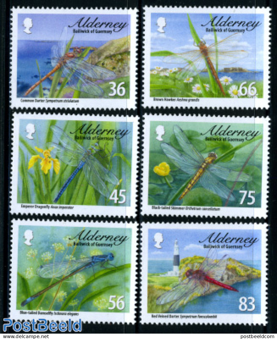 Alderney 2010 Dragonflies 6v, Mint NH, Nature - Various - Flowers & Plants - Insects - Lighthouses & Safety At Sea - Phares