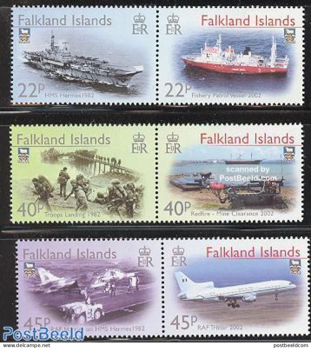 Falkland Islands 2002 20 Years Liberation 3x2v [:], Mint NH, History - Transport - Coat Of Arms - Militarism - Aircraf.. - Militaria