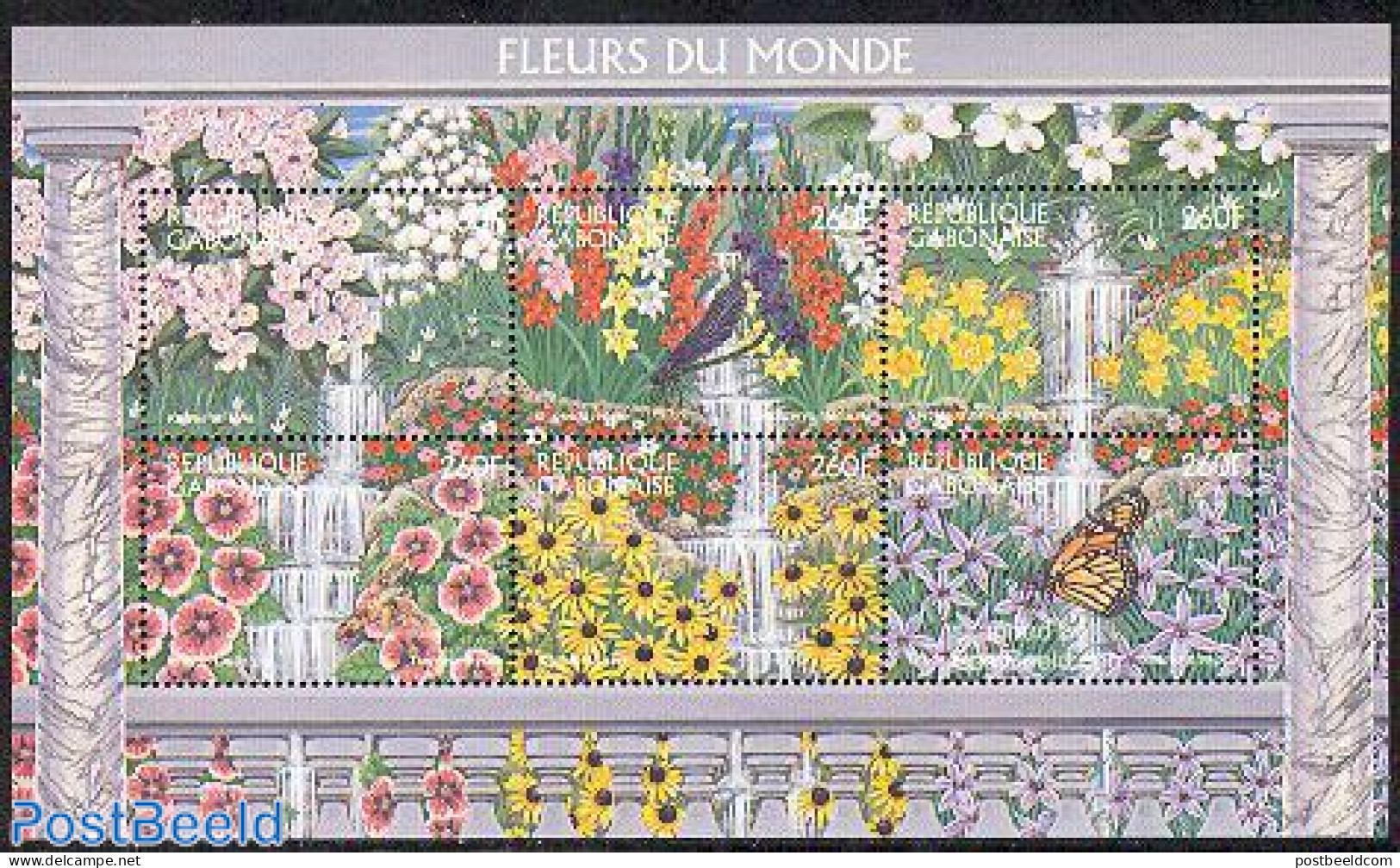 Gabon 1997 Flowers, Insects 6v M/s, Mint NH, Nature - Butterflies - Flowers & Plants - Neufs