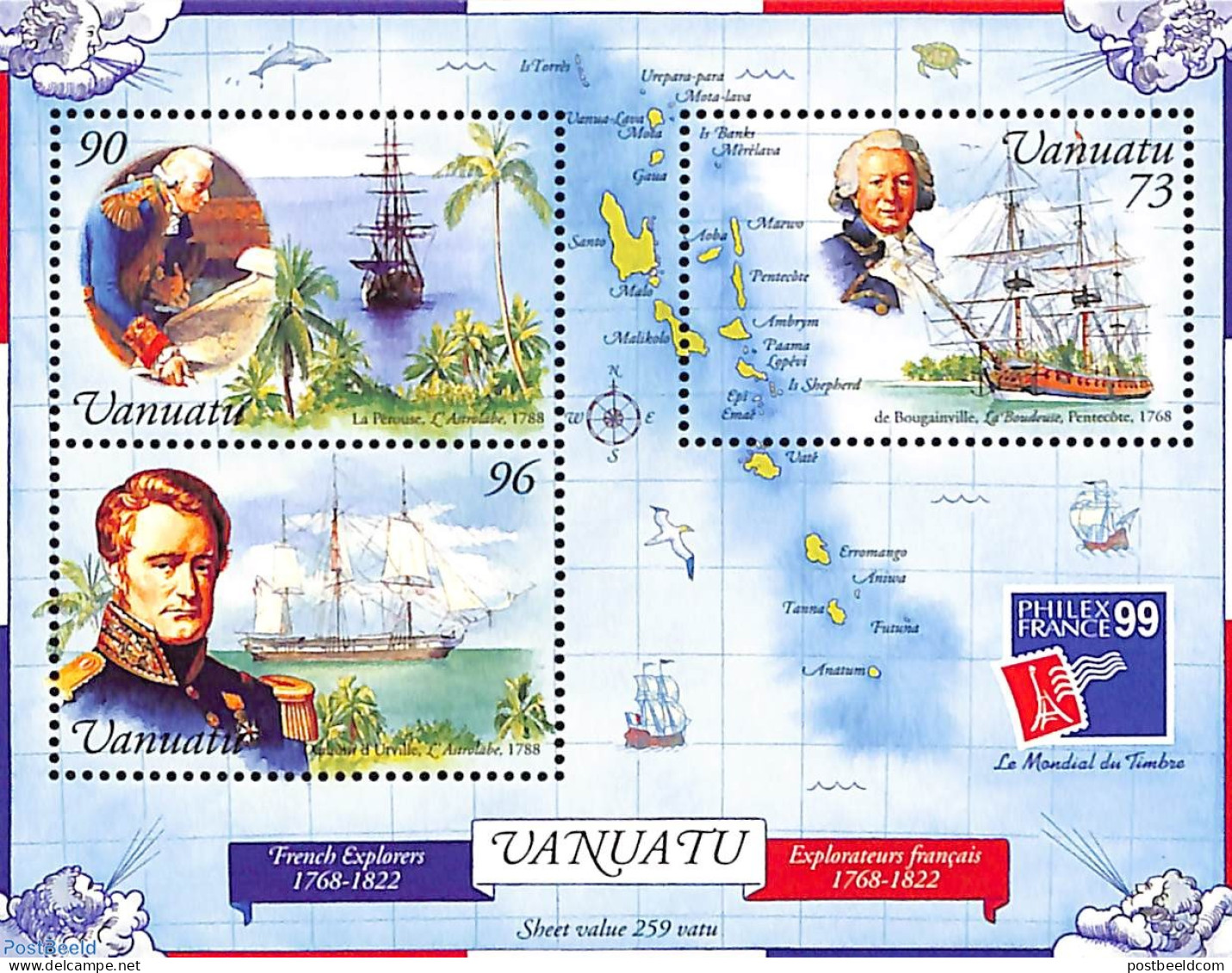 Vanuatu 1999 Philexfrance S/s, Mint NH, History - Transport - Explorers - Philately - Ships And Boats - Erforscher