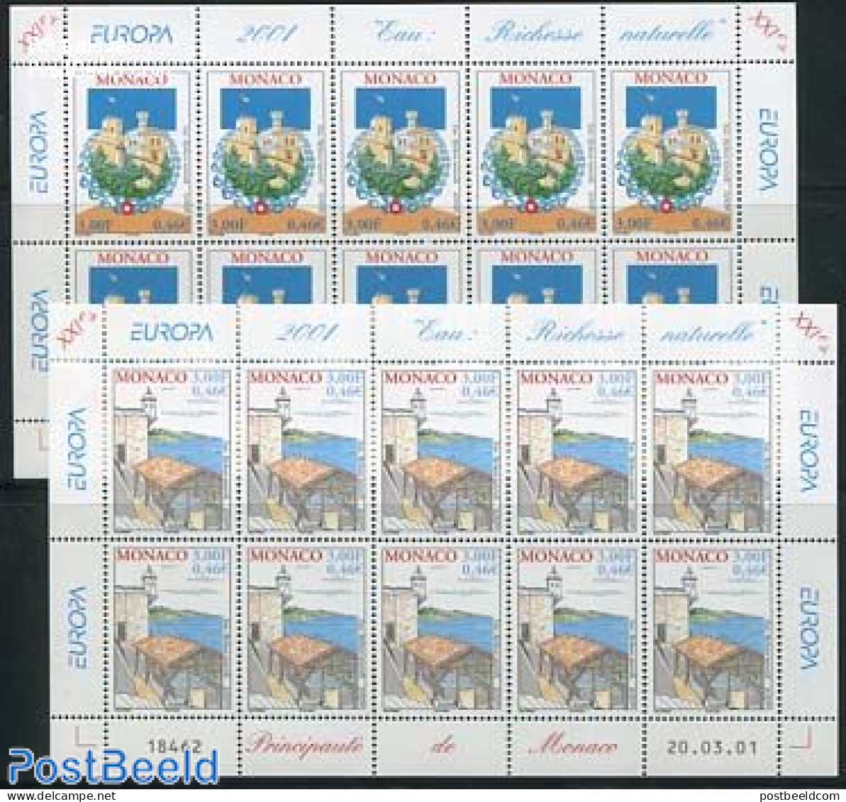 Monaco 2001 Europa, Water 2 M/ss, Mint NH, History - Nature - Europa (cept) - Water, Dams & Falls - Unused Stamps