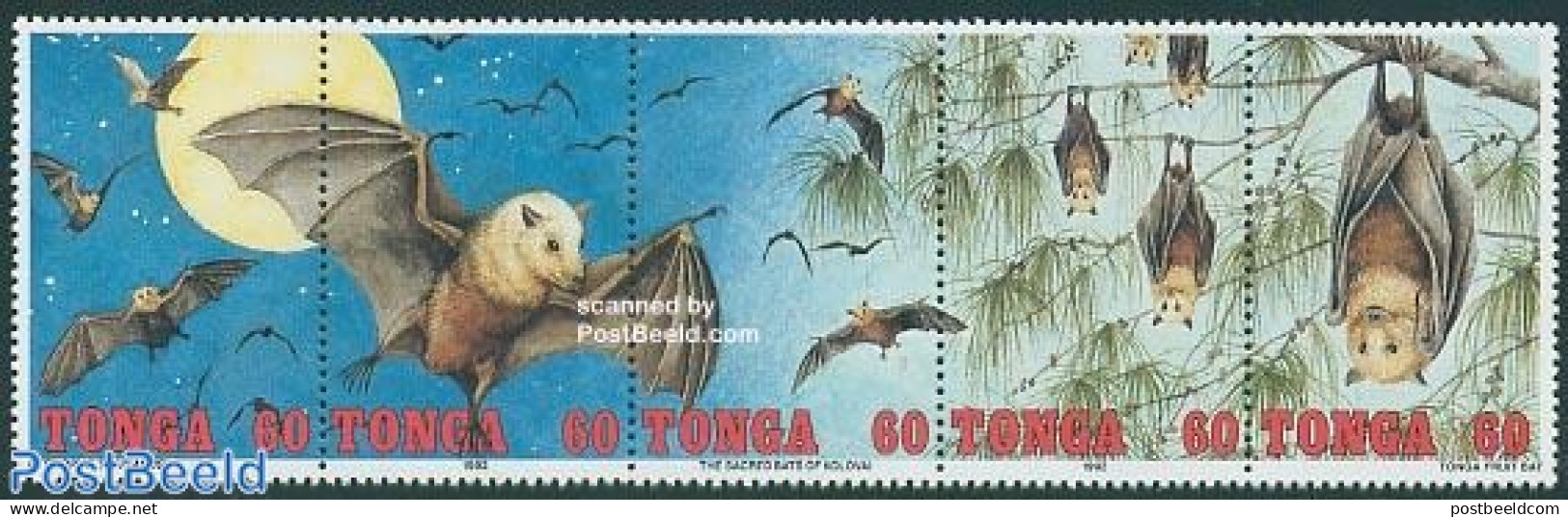 Tonga 1992 Legend Of The Bats 5v [::::], Mint NH, Nature - Animals (others & Mixed) - Bats - Art - Fairytales - Märchen, Sagen & Legenden