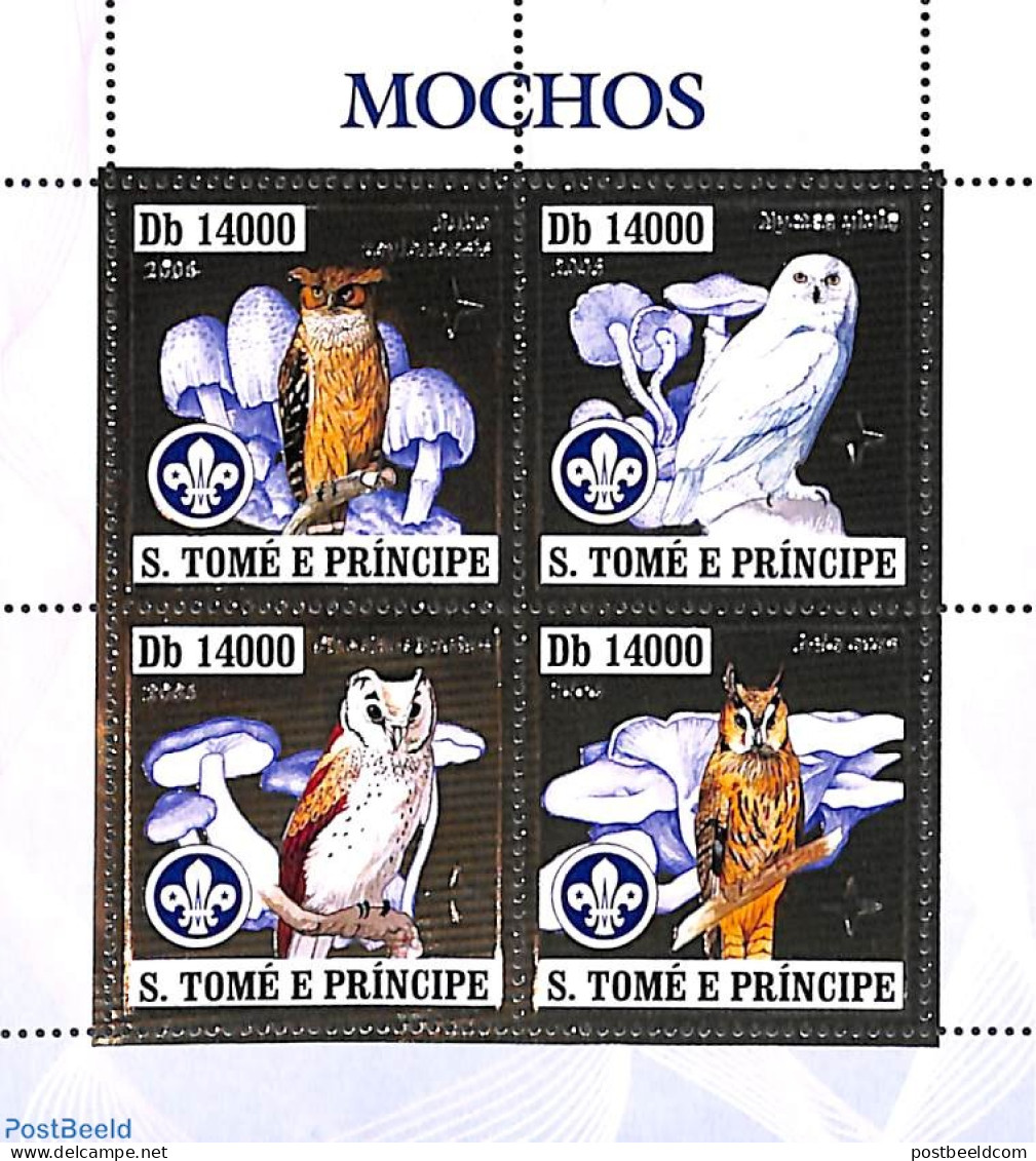 Sao Tome/Principe 2006 Owls 4v M/s, Silver, Mint NH, Nature - Birds - Birds Of Prey - Mushrooms - Owls - Mushrooms