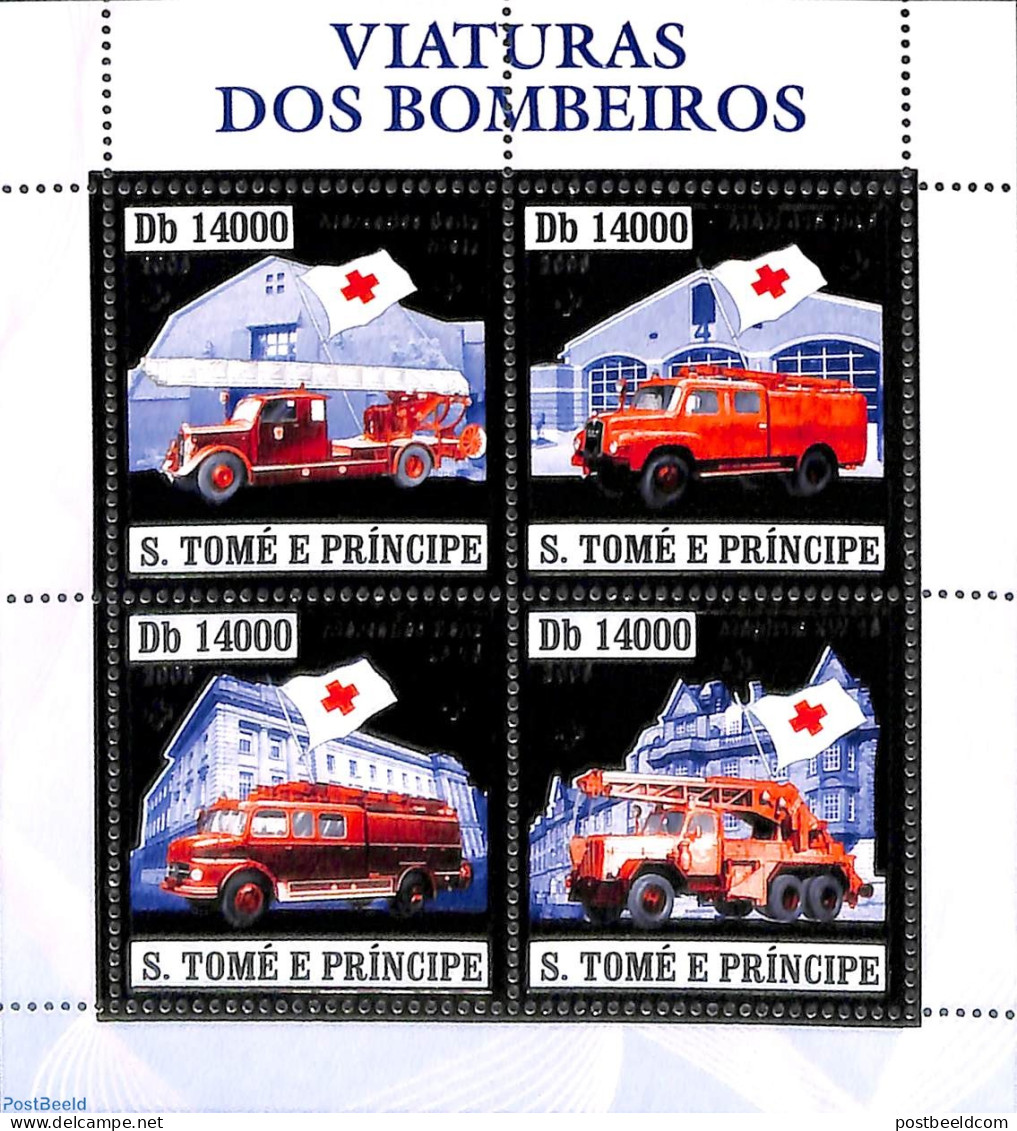 Sao Tome/Principe 2006 Fire Engines, Red Cross 4v M/s, Silver, Mint NH, Health - Transport - Red Cross - Fire Fighters.. - Rode Kruis