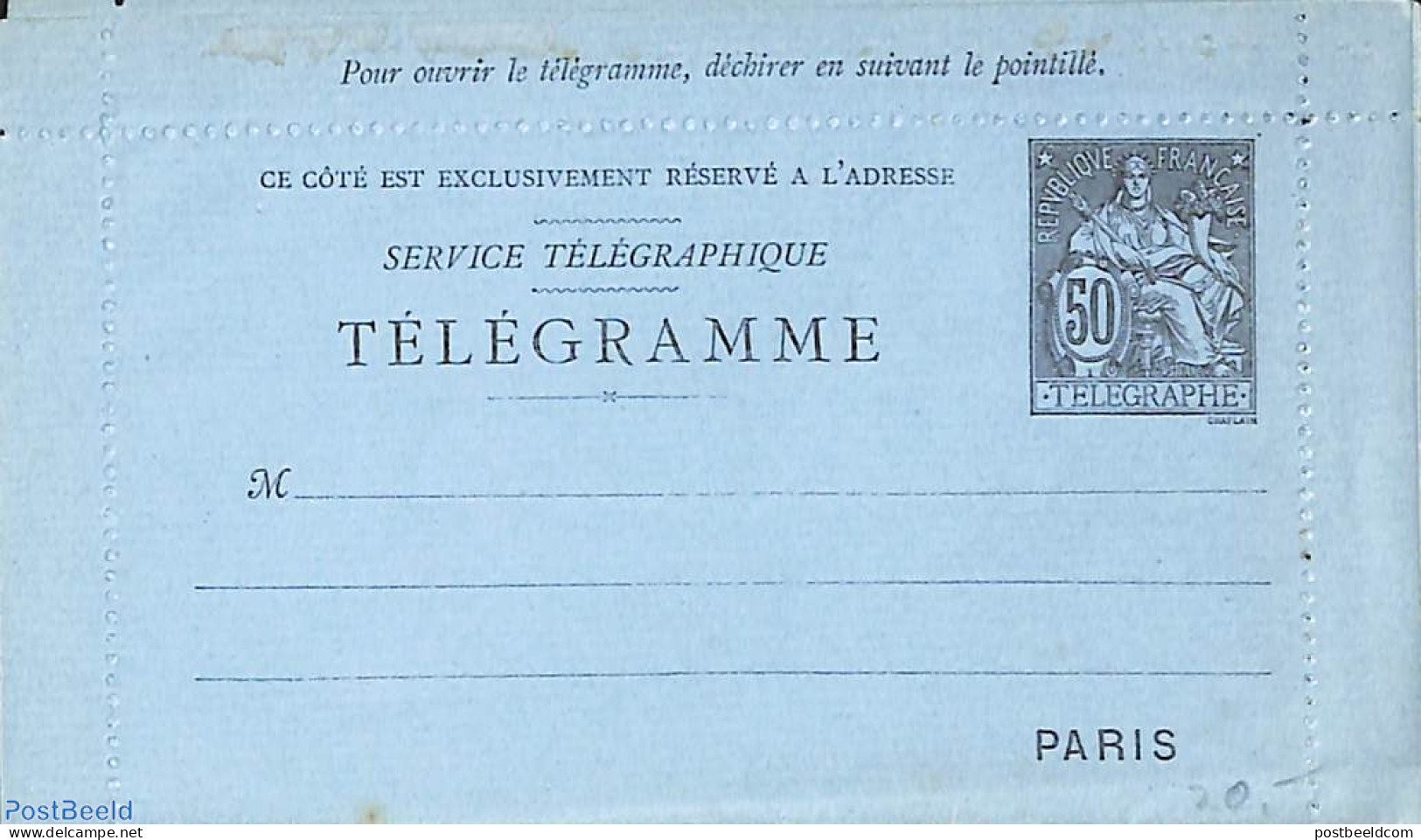 France 1885 Telegramme Card Letter 50c, Unused Postal Stationary - Télégraphes Et Téléphones