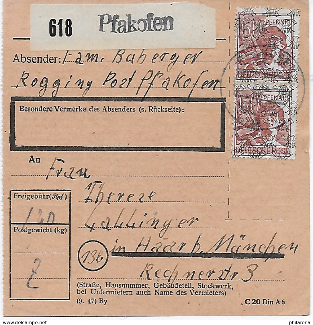 Paketkarte Rogging, Pfakofen Nach Haar 1948, A49 II, MeF - Brieven En Documenten