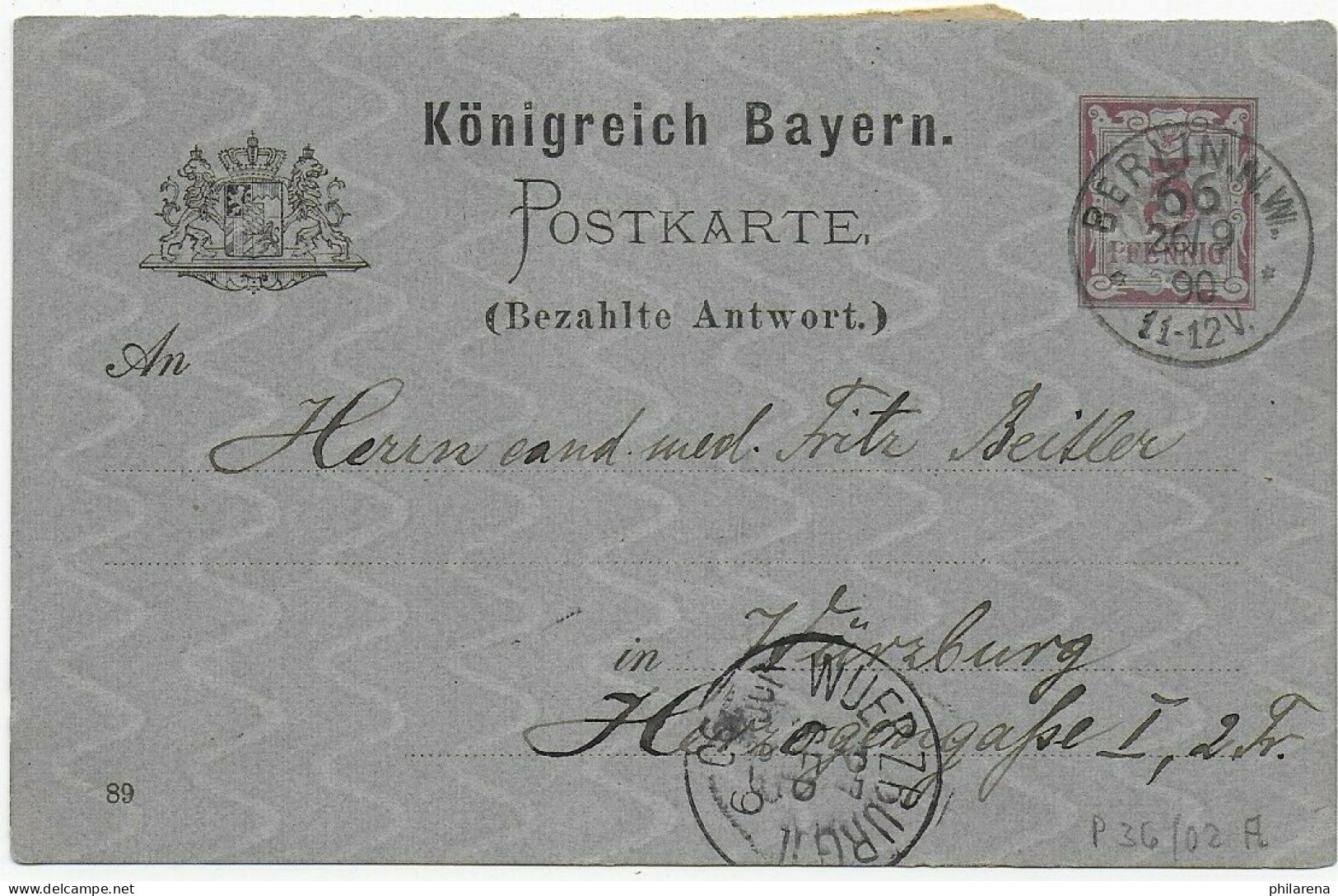 Ganzsache P36/02A, Berlin 1890 Nach Würzburg, Antwortkarte Mit Kleber - Storia Postale