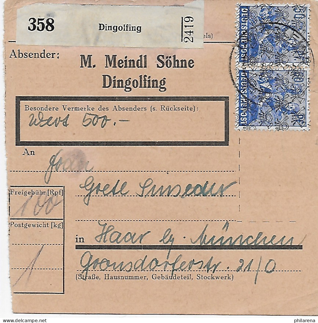 Paketkarte Dingolfing Mit Absendereindruck Nach Haar, MeF, 48 II - Lettres & Documents