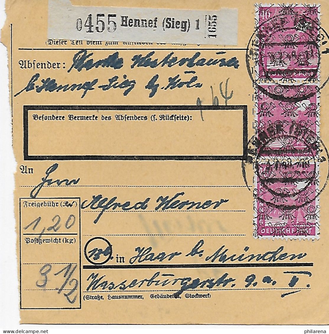 Paketkarte Hennef/Sieg 1948 Nach Haar, 47 II, MeF - Covers & Documents