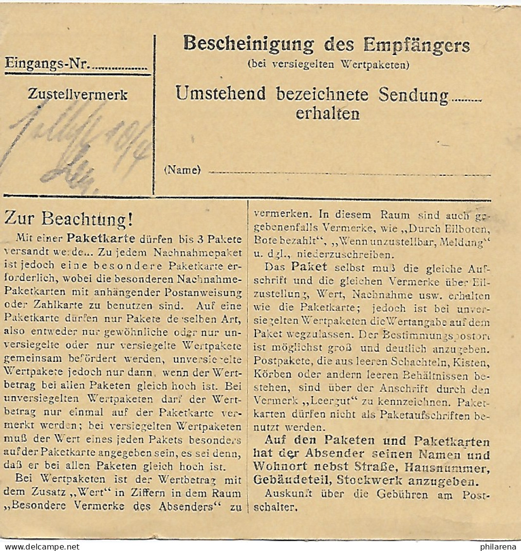 Paketkarte Wasentegernbach, Bäckerei Nach Bad-Aibling, Postamt MeF 1947 - Brieven En Documenten