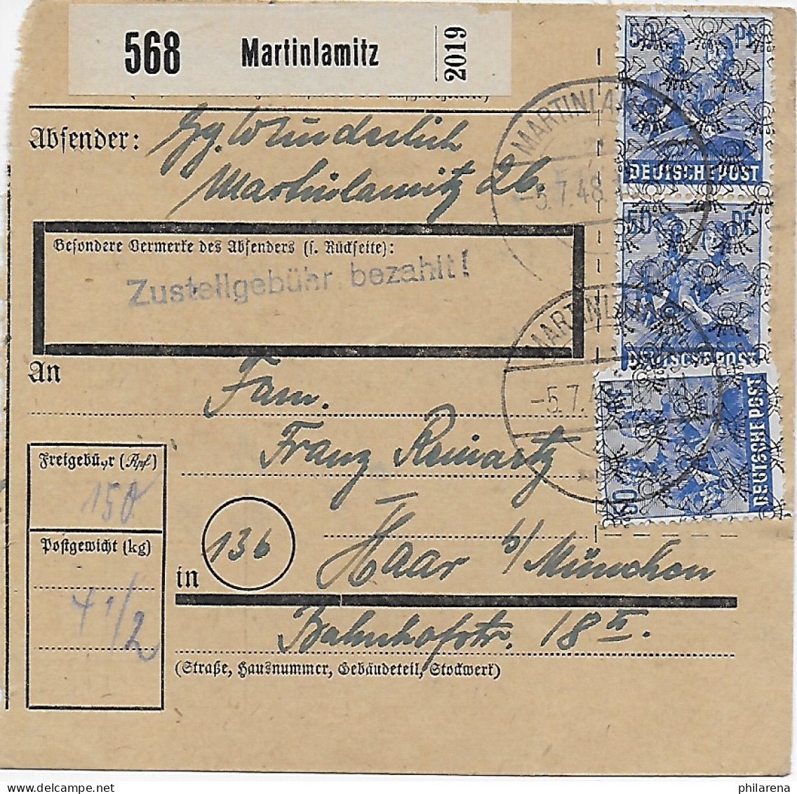 Paketkarte Martinlamitz 1948 Nach Haar, 48 II, MeF - Storia Postale