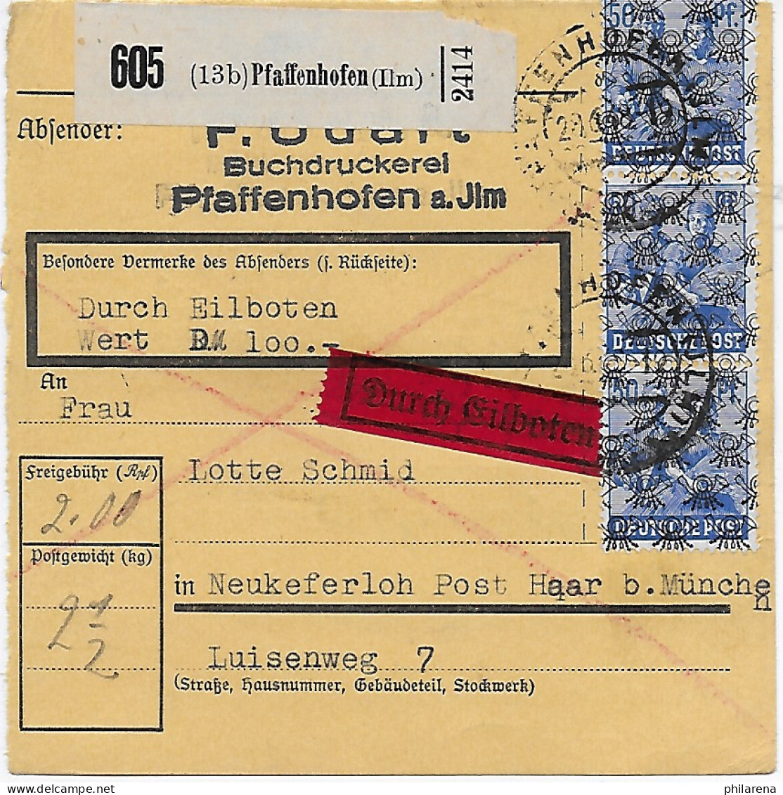 Paketkarte Eilboten Pfaffenhofen Ilm. Mit Wertangabe Nach Neukeferloh, MeF 48II - Briefe U. Dokumente