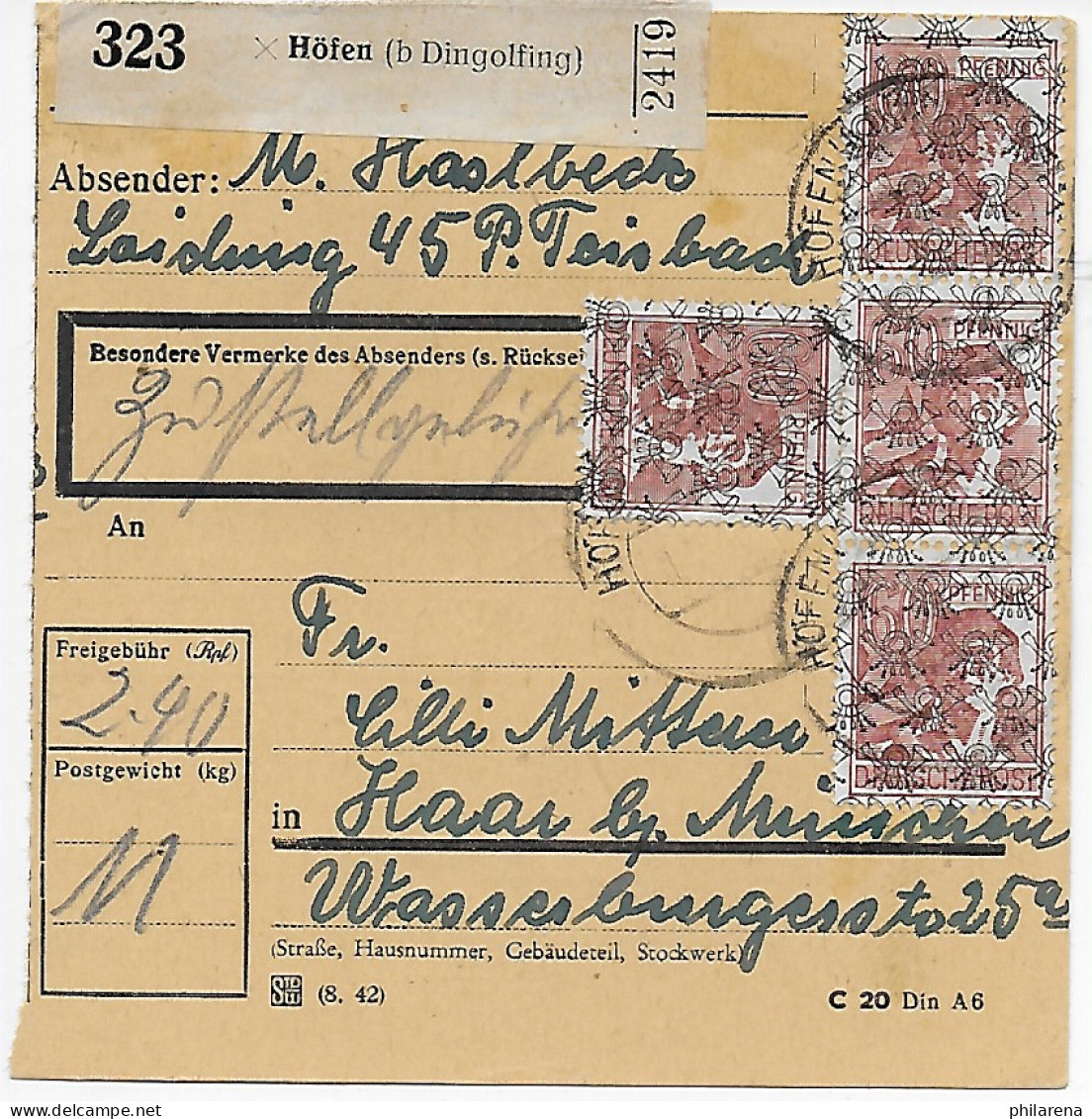 Paketkarte Höfen Bei Dingolfing Nach Haar, MeF, A49 II, 1948 - Covers & Documents