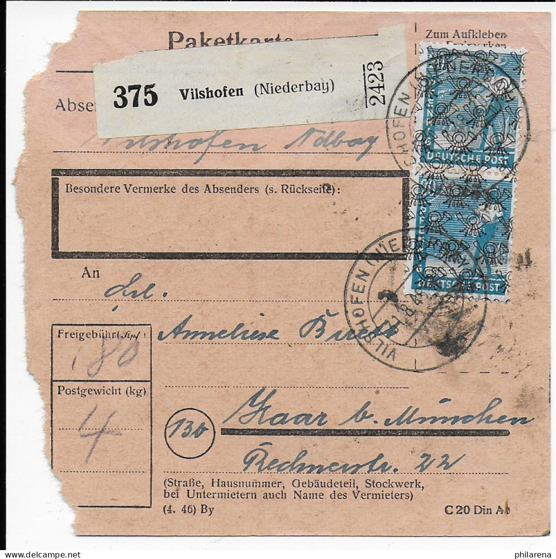 Paketkarte Vilshofen Nach Haar, 1948, 43II, MeF - Covers & Documents