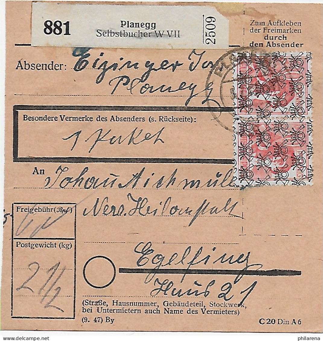 Paketkarte Planegg, Selbstbucher Nach Egelfing, 1948, 46II, MeF - Brieven En Documenten