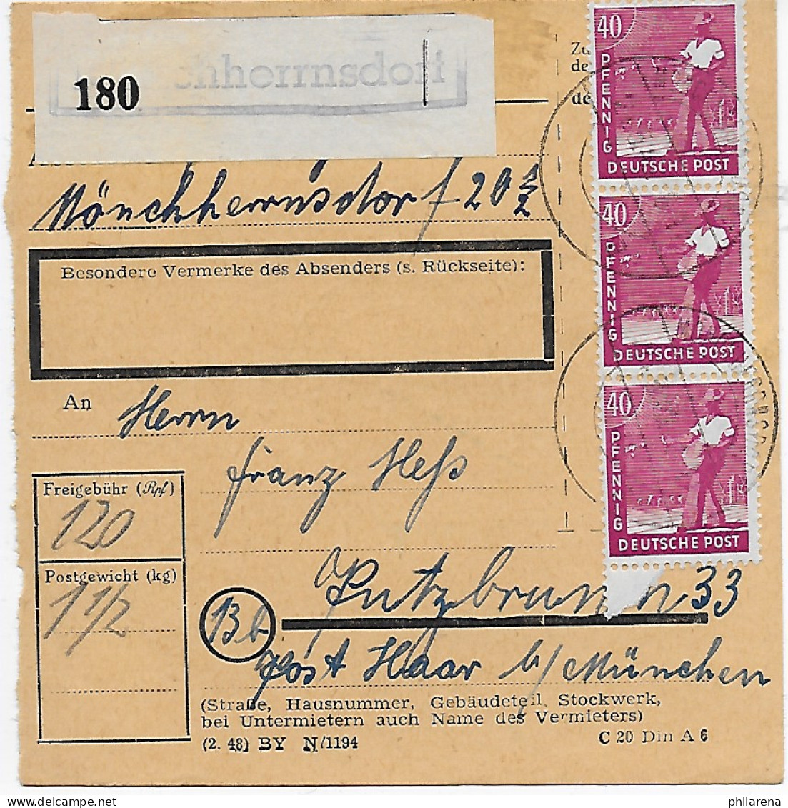 Paketkarte Mönchherrnsdorf Nach Putzbrunn, 1948, MeF - Lettres & Documents