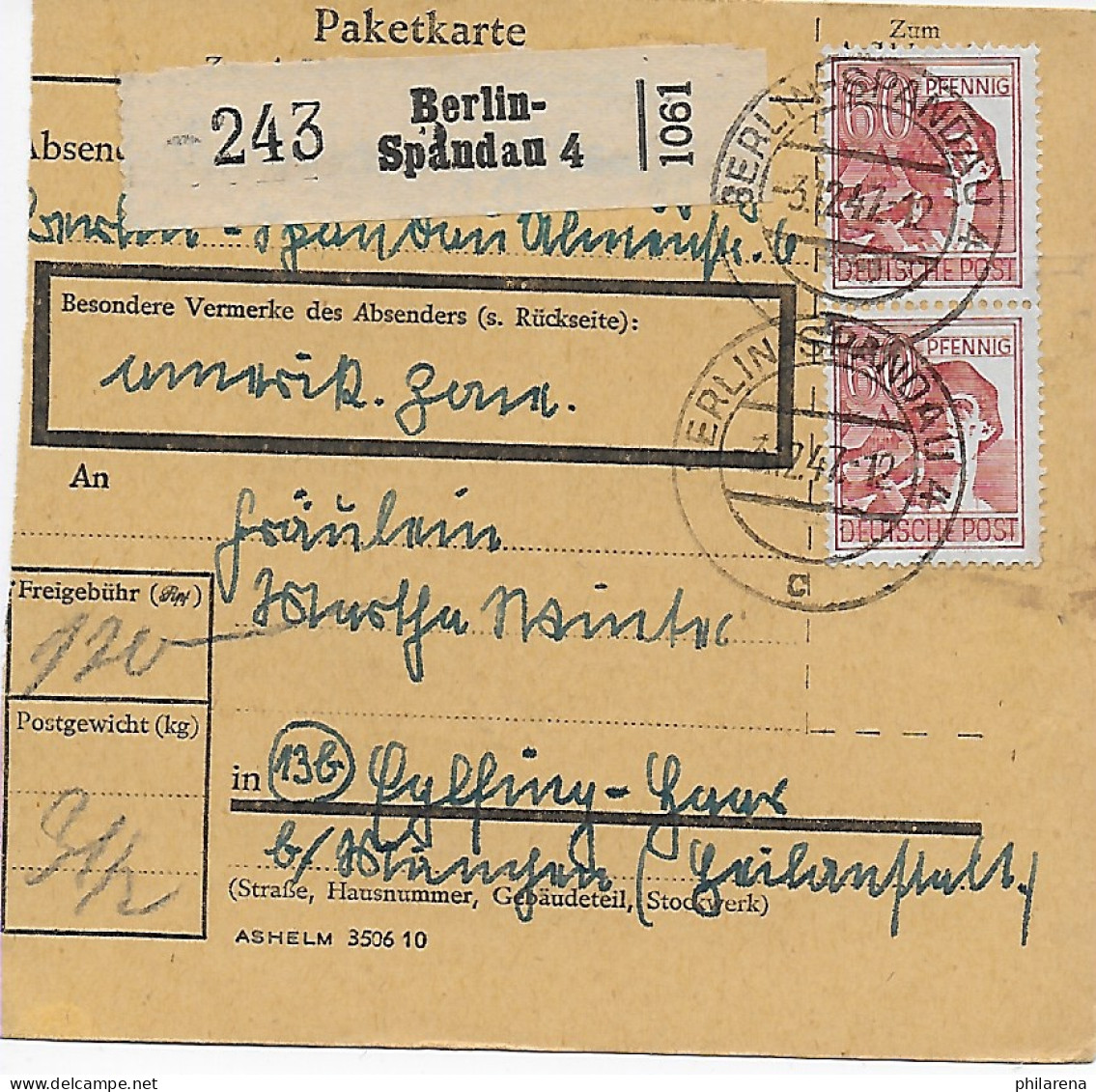 Paketkarte Berlin Spandau Nach Eglfing, MeF 1947 - Brieven En Documenten