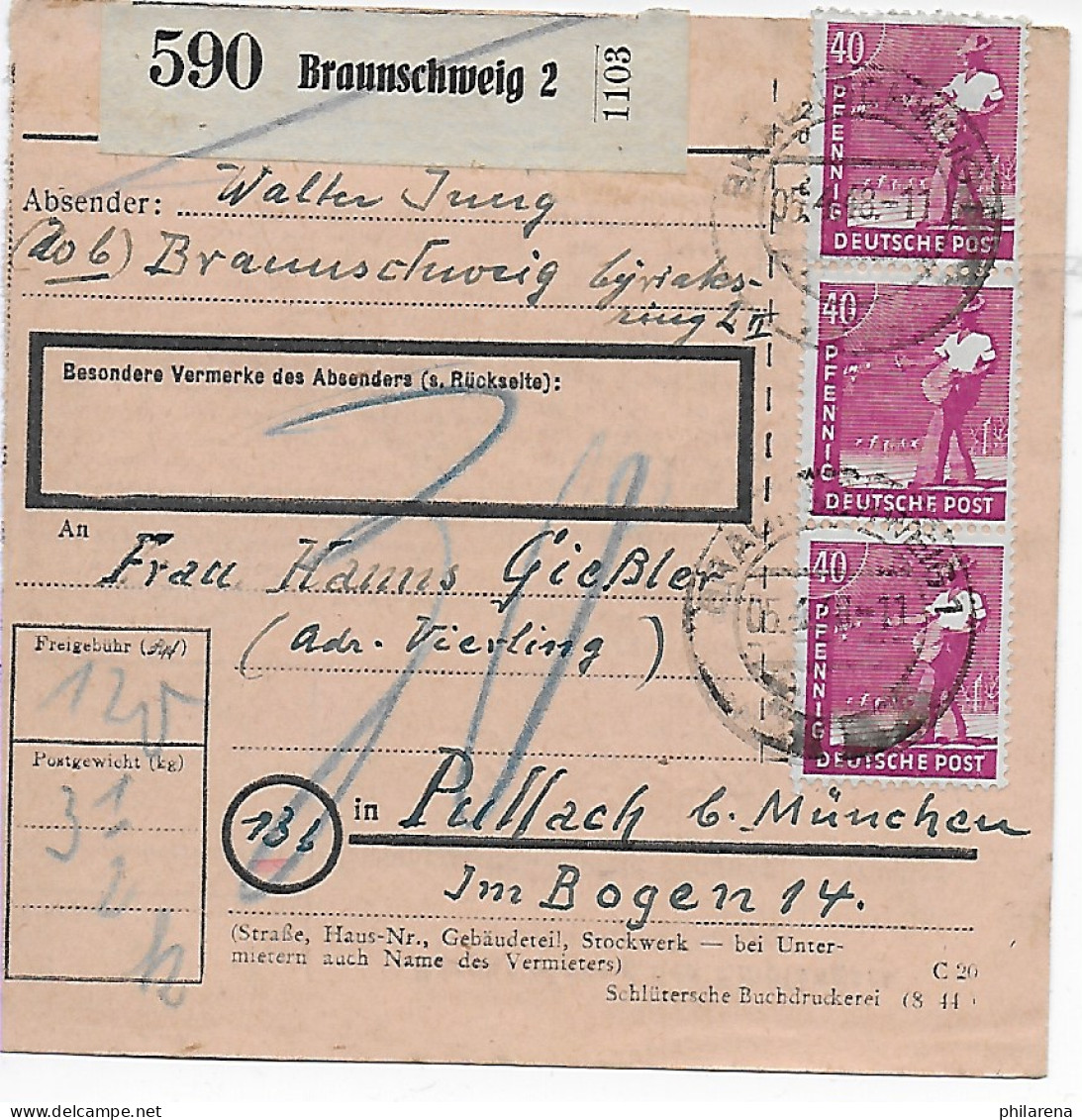 Paketkarte Braunschweig Nach Pullach, Zustellgebühr 30, MeF 1948 - Storia Postale