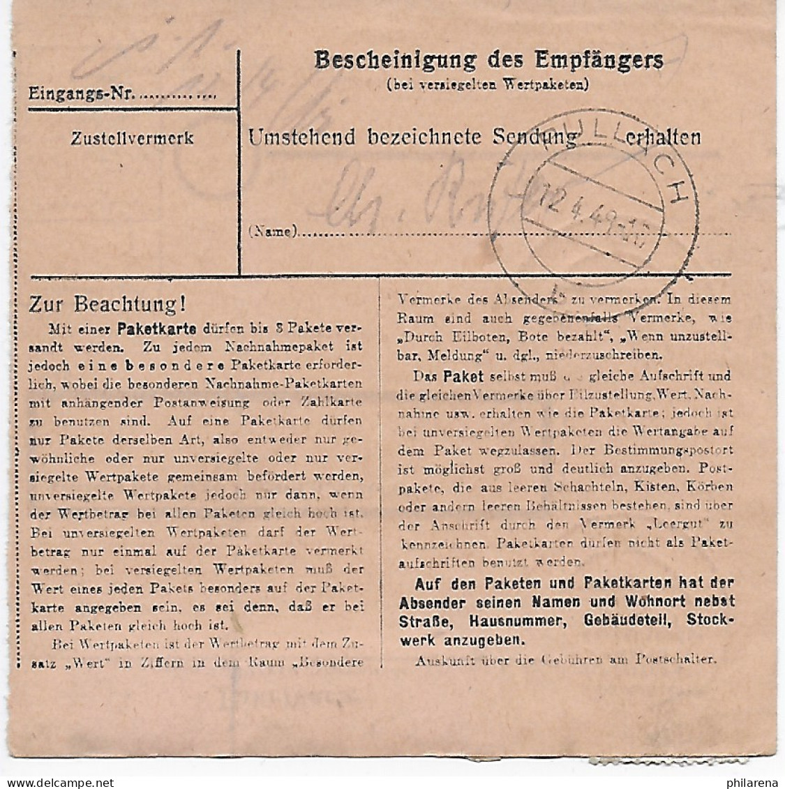 Paketkarte Braunschweig Nach Pullach, Zustellgebühr 30, MeF 1948 - Brieven En Documenten