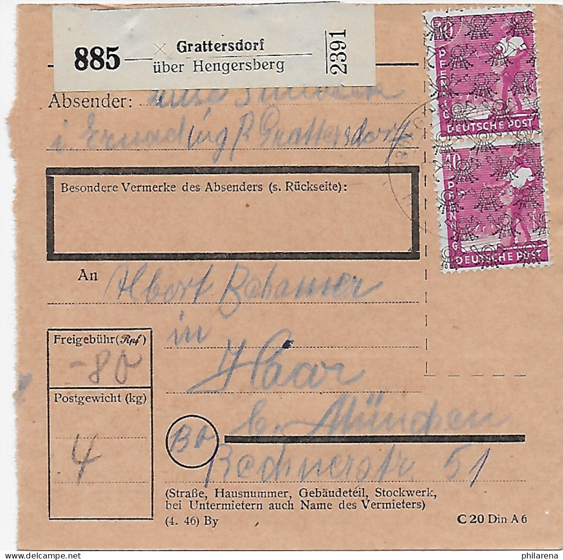 Paketkarte Grattersdorf über Hengersberg 1948 Nach Haar, 47 II, MeF - Brieven En Documenten