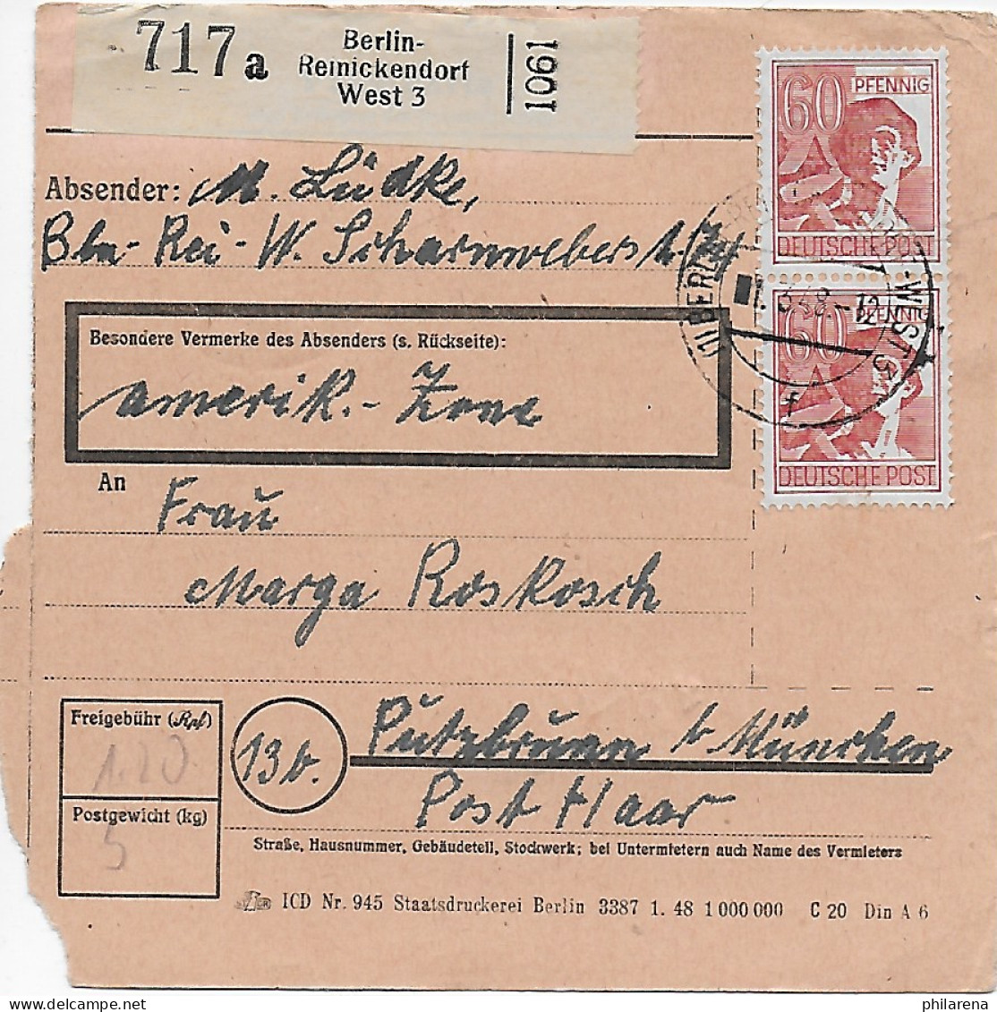 Paketkarte Berlin Reinickendorf West Nach Putzbrunn MeF 1948 - Brieven En Documenten