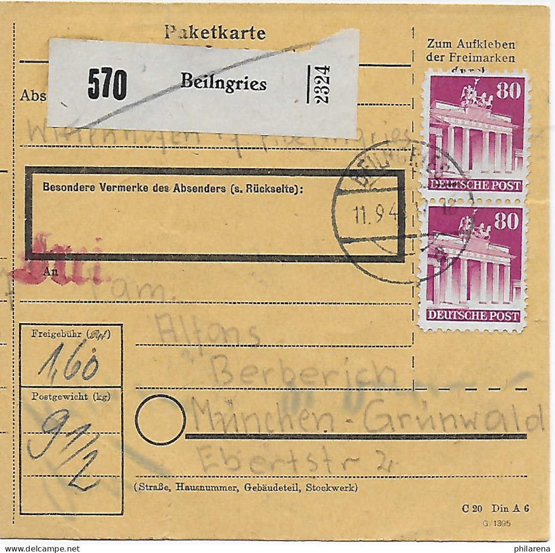 Paketkarte Beilngries, 1948 Nach Grünwald/München, 1948, MiNr. 94 MeF - Brieven En Documenten