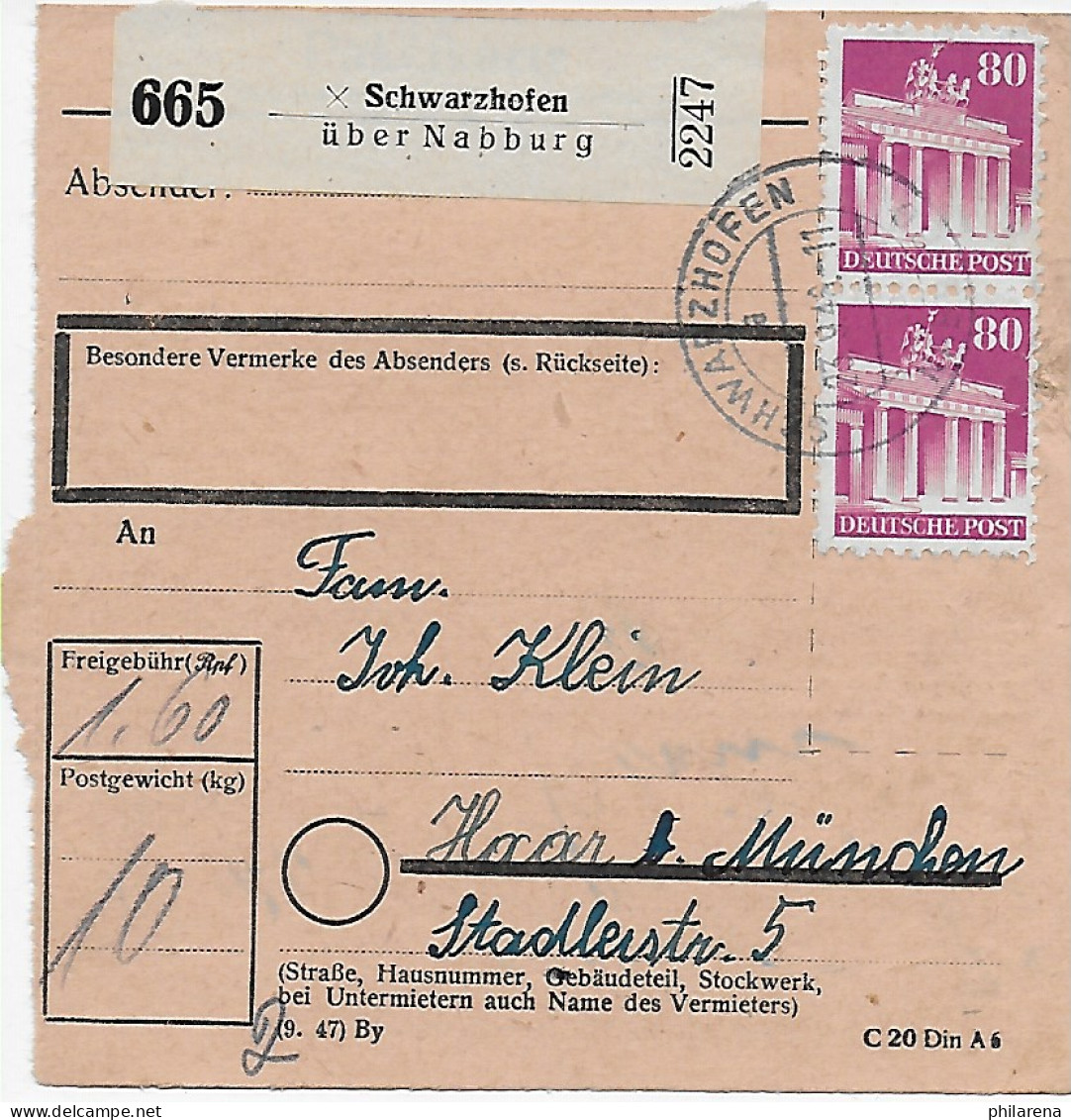 Paketkarte Schwarzhofen/Nabburg Nach Haar/München, 1948, MiNr. 94 MeF - Briefe U. Dokumente