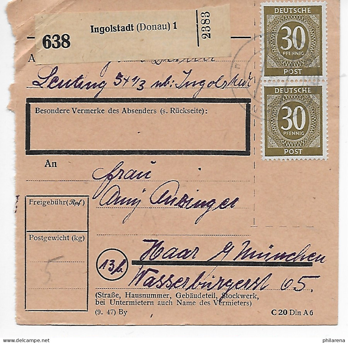 Paketkarte Ingolstadt Nach Haar/München 1948, MeF - Lettres & Documents