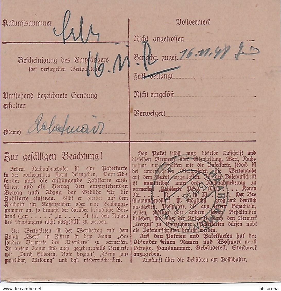 Paketkarte Nachnahme Solingen Wald Nach Haar/München, 1948, MiNr. 93 MeF - Brieven En Documenten