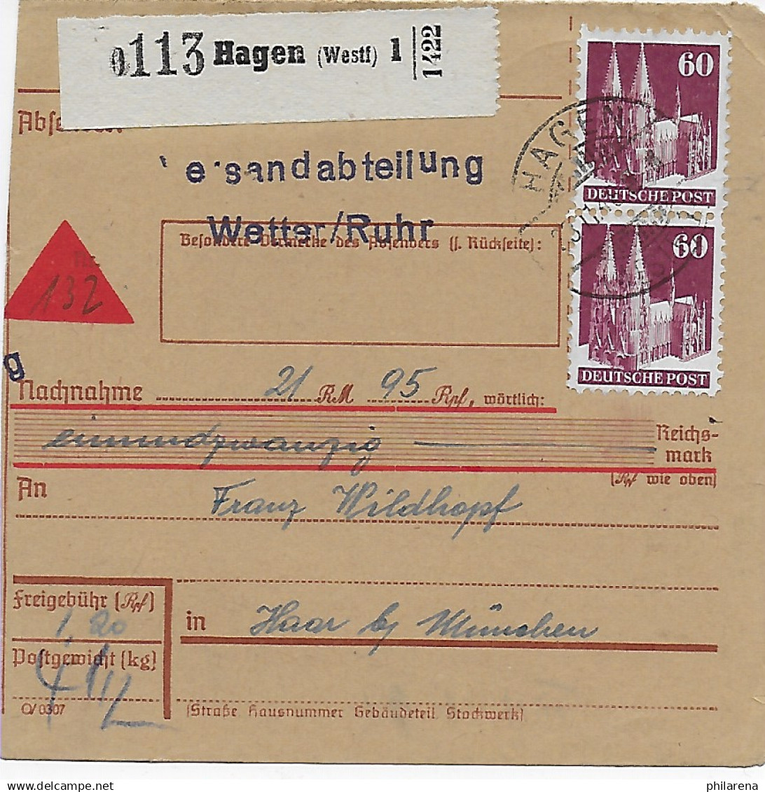 Paketkarte Nachnahme Hagen/Westf. Nach Haar/München, 1948, MiNr. 93 MeF - Covers & Documents