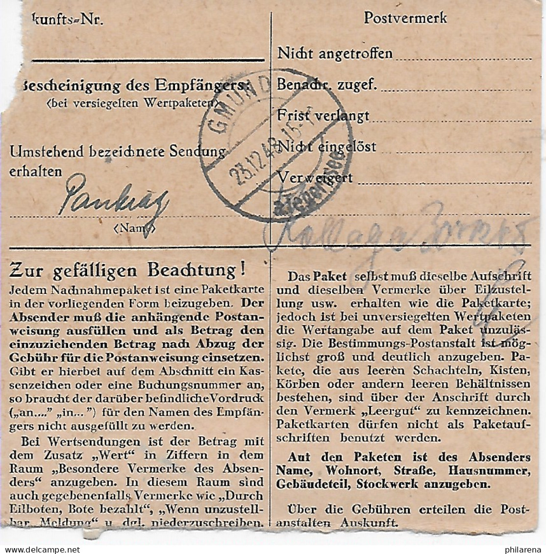 Paketkarte Nachnahme Utting/Ammersee An Polizei Gmund/Tegernesee, 1948 - Briefe U. Dokumente