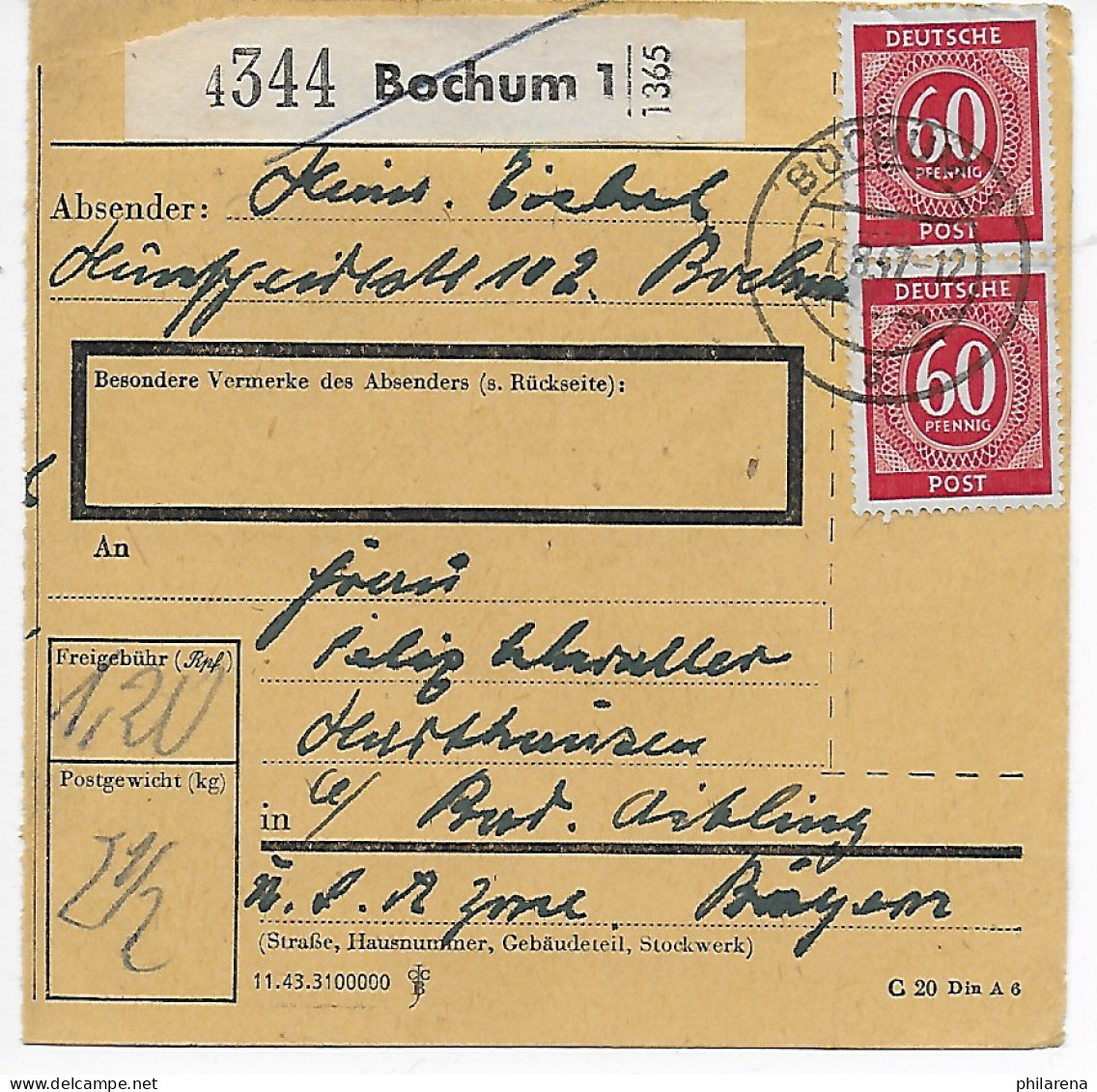 Paketkarte Bochum Nach Bad Aibling, 1947, MeF - Covers & Documents