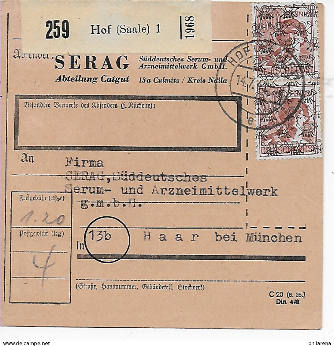 Paketkarte Hof/Saale, Absendereindruck Nach Haar, Arzneimittelwerk, 1948, MeF - Covers & Documents