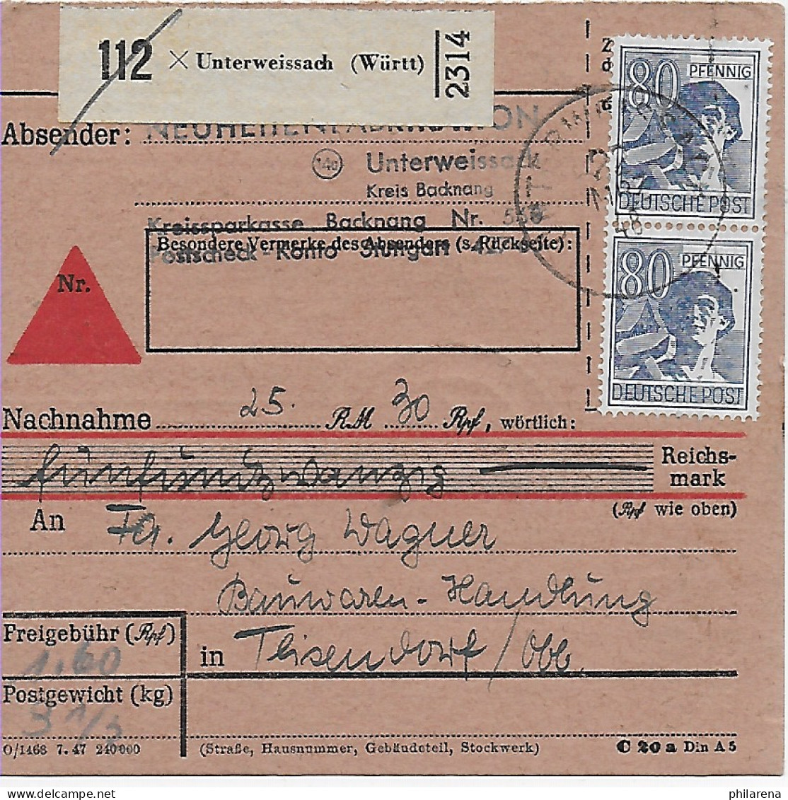 Paketkarte Nachnahme Unterweissach/Württ, Nach Teisendorf 1948, MeF - Briefe U. Dokumente