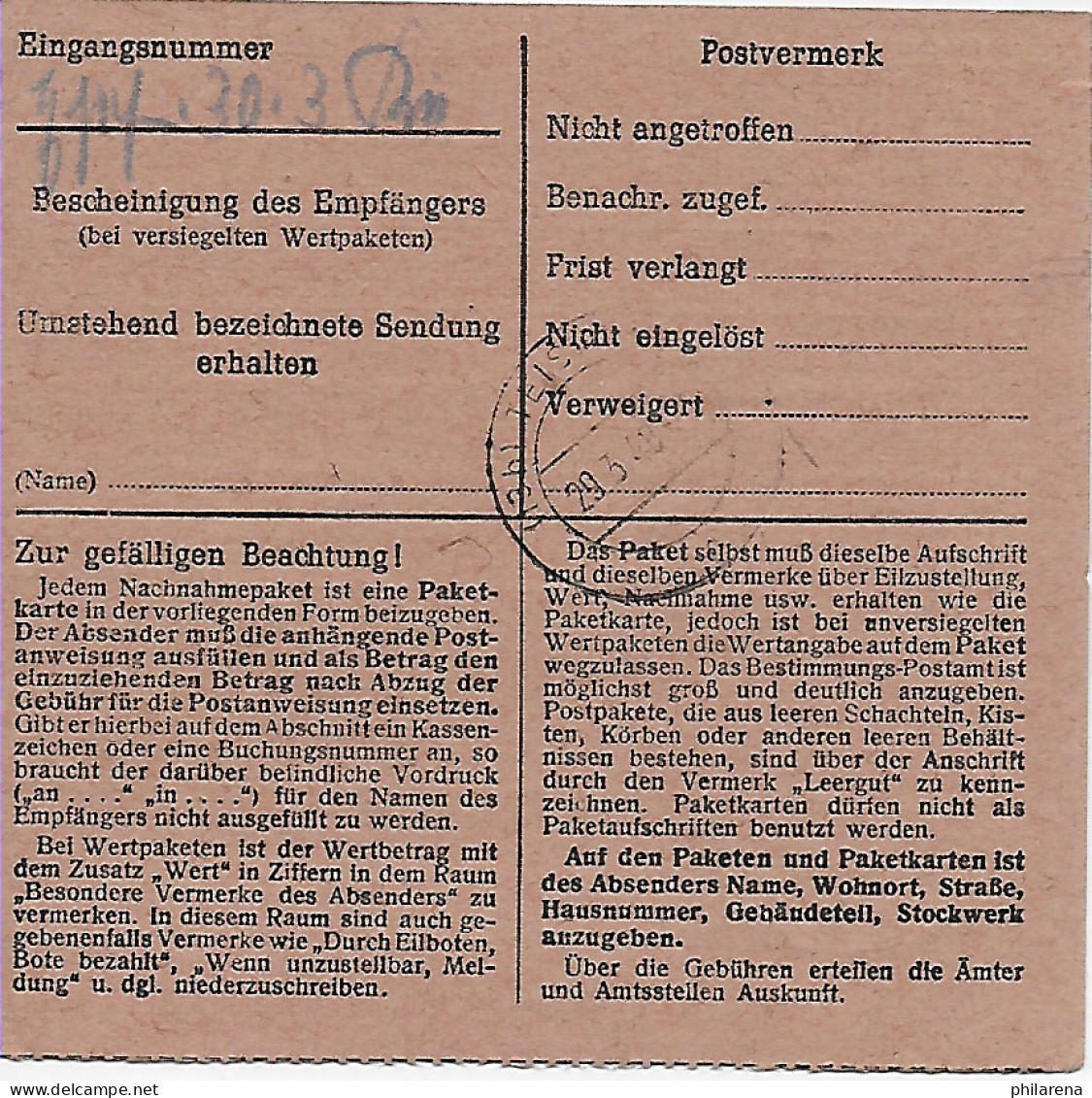 Paketkarte Nachnahme Unterweissach/Württ, Nach Teisendorf 1948, MeF - Briefe U. Dokumente