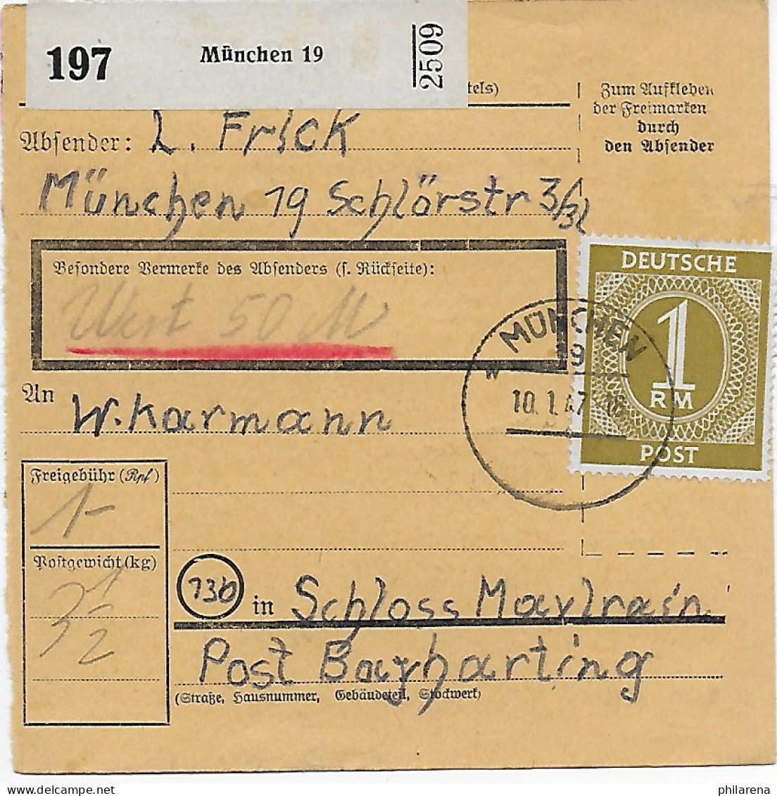 Paketkarte München, Wert, Nach Schloss Maxlrain 1947, EF - Brieven En Documenten