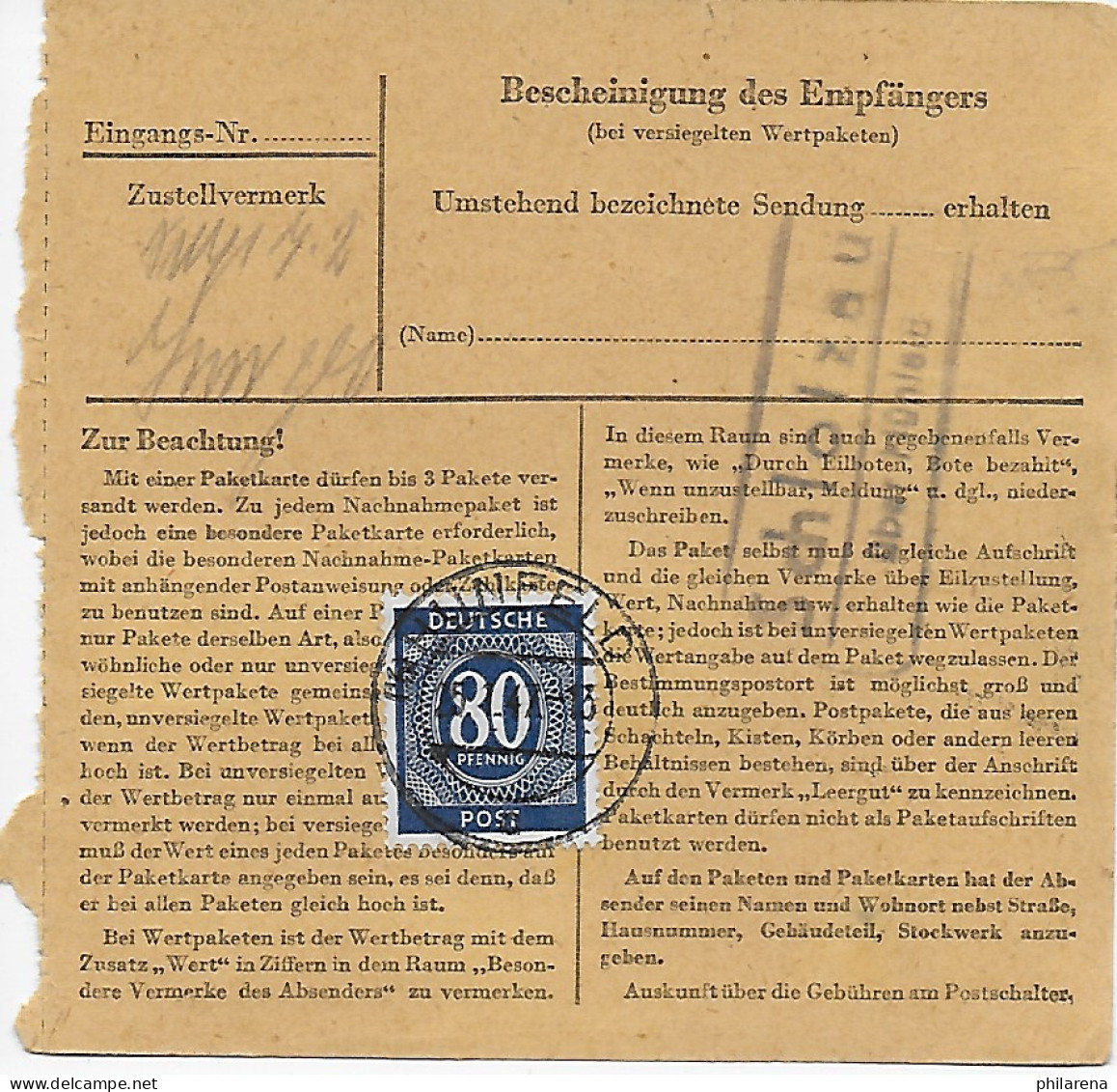 Paketkarte Hünfeld/Mansbach Nach Hohenthann/Schönau, 1947, MeF - Brieven En Documenten