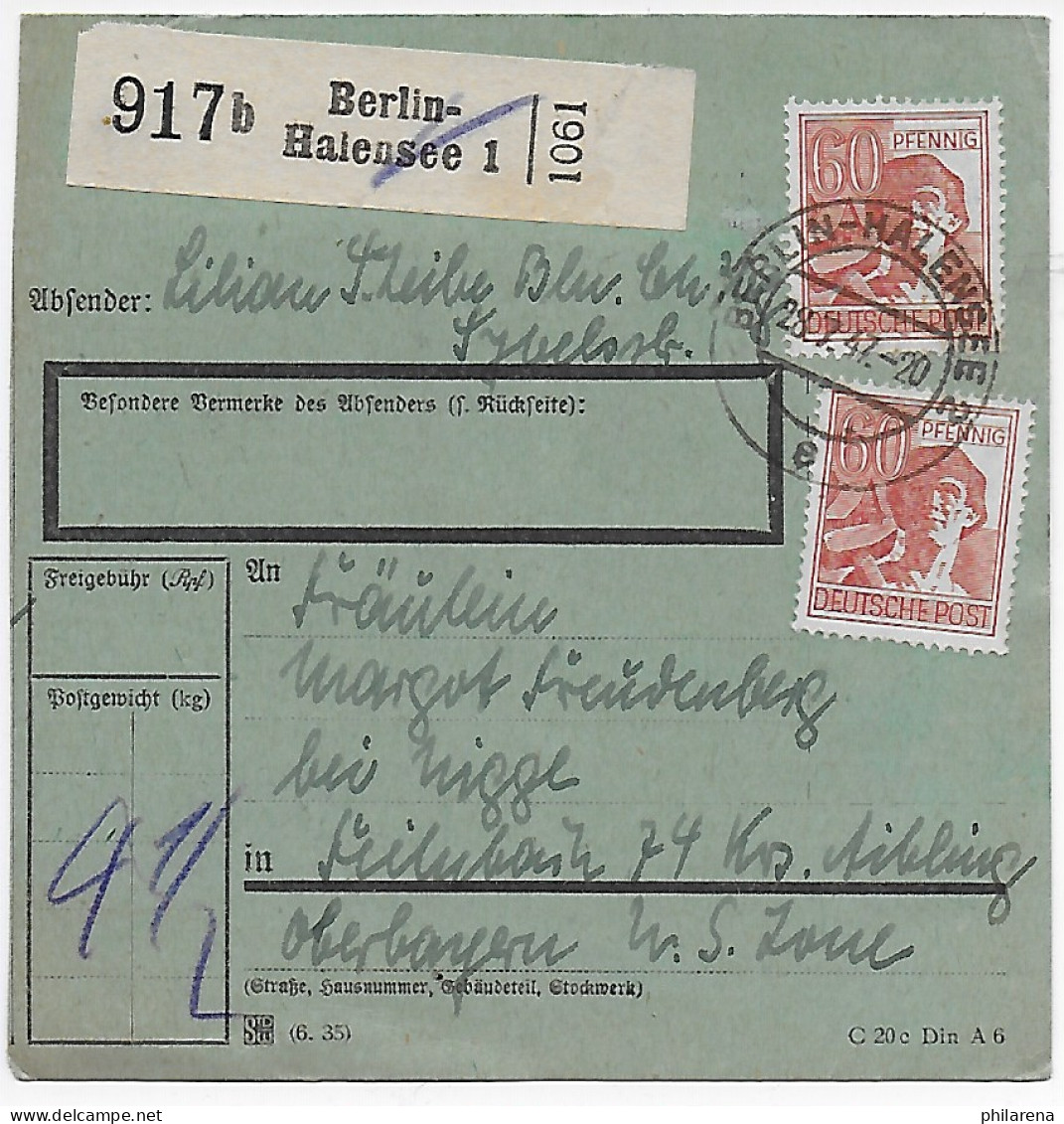 Paketkarte Berlin-Halensee Nach Fellnbach Bad Aibling 1947, MeF - Lettres & Documents