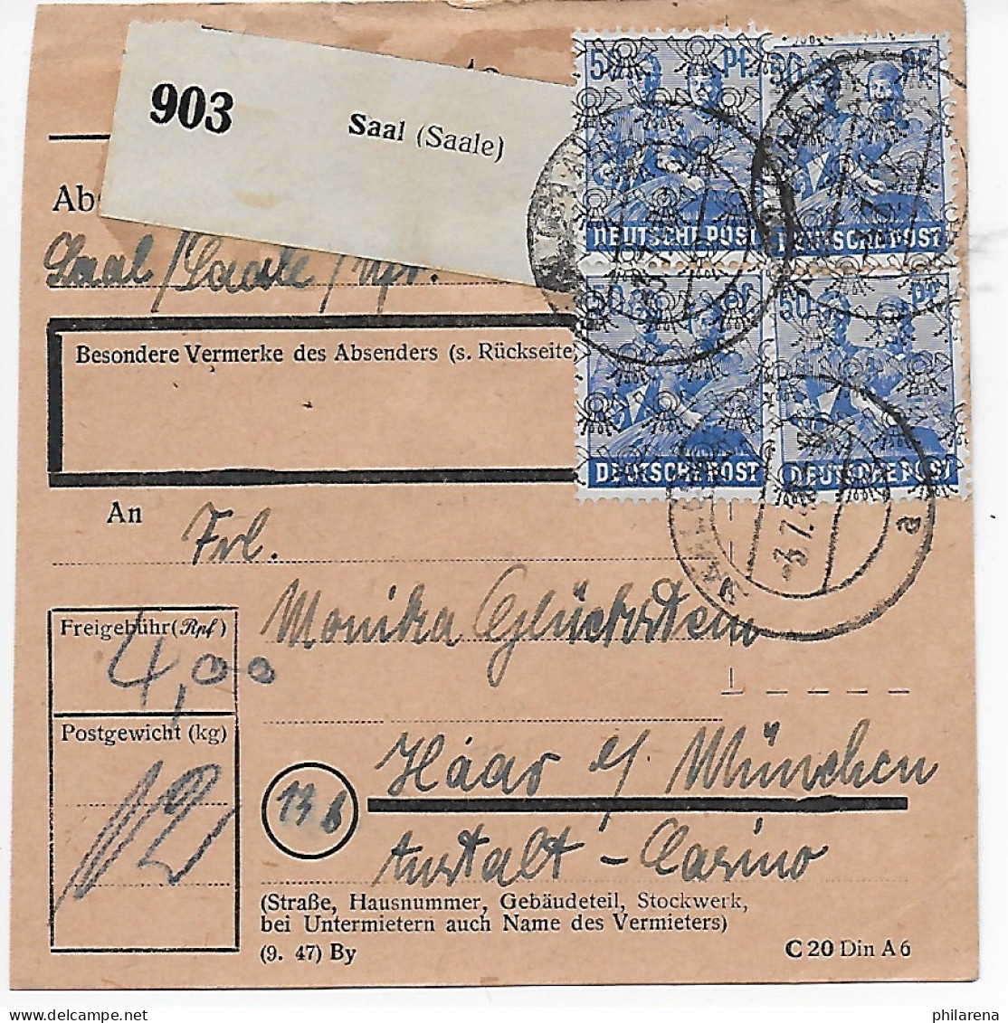 Paketkarte Saal/Saale Nach Haar Bei München, Anstalt-Casino, 1948, MeF - Covers & Documents