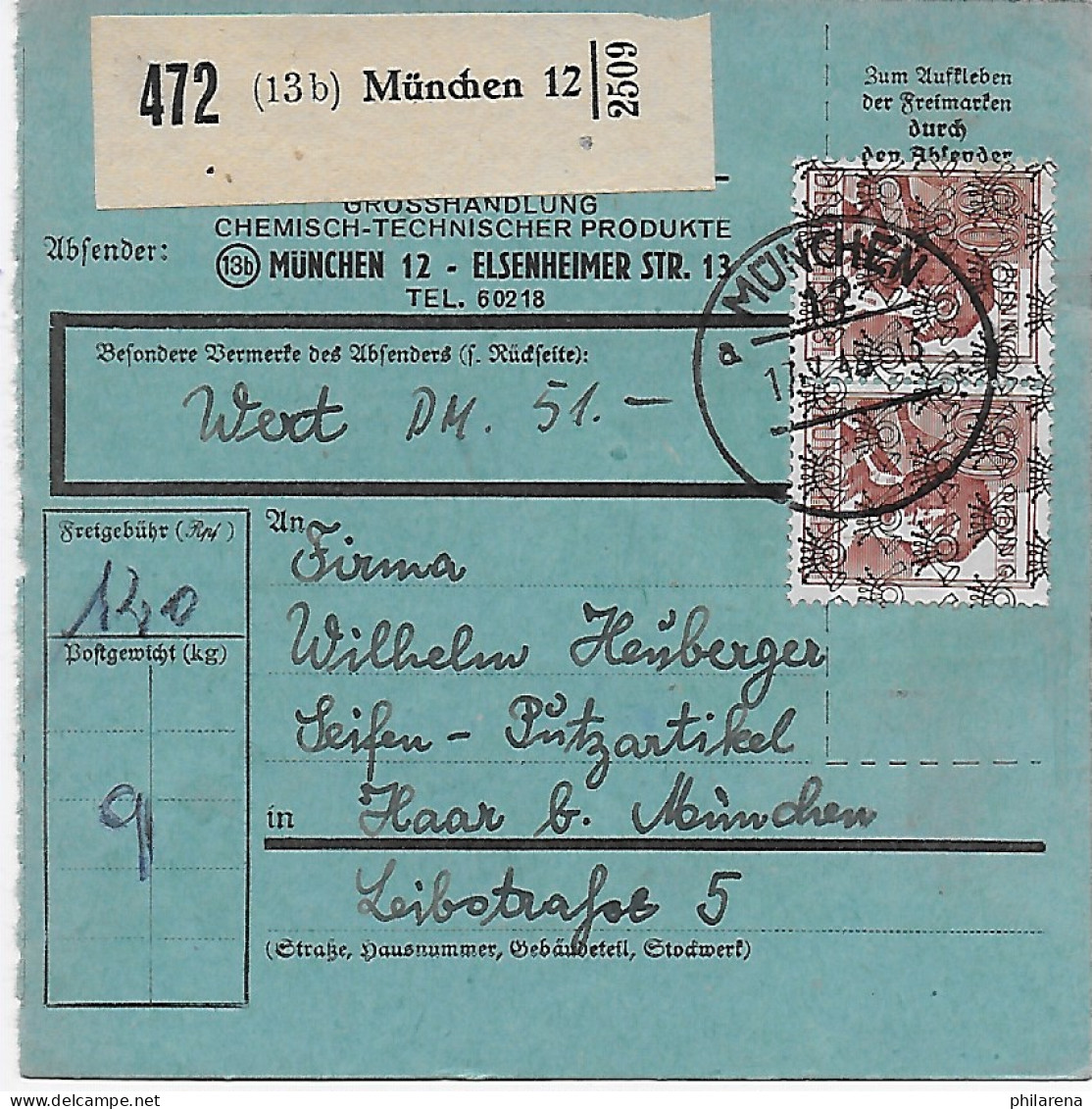 Paketkarte München, Absendereindruck Nach Haar, Seifen, Putzartikel, 1948, MeF - Lettres & Documents