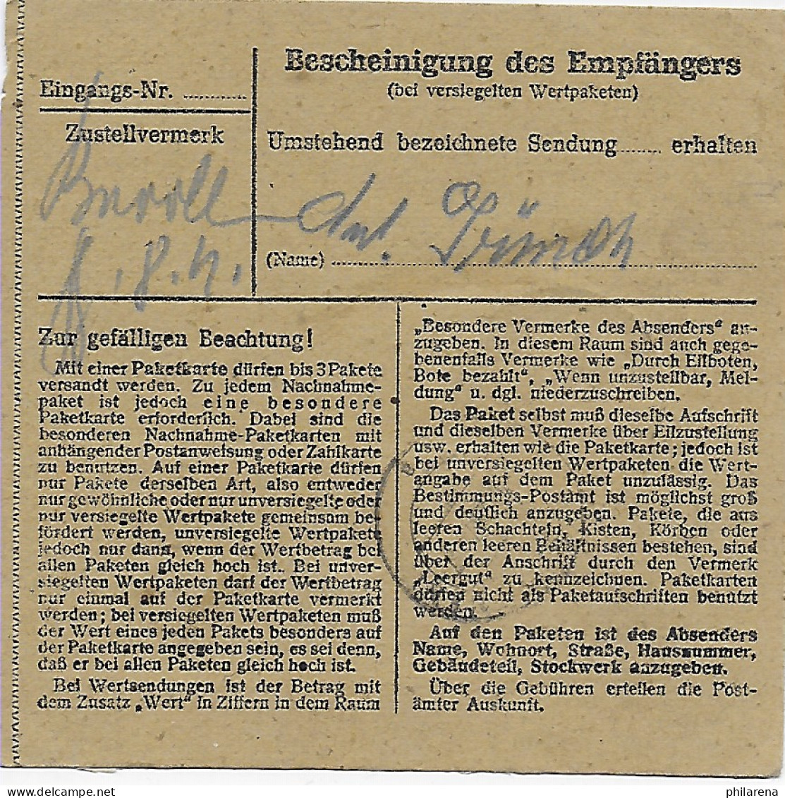 Paketkarte Eilboten Stuttgart Nach Eglfing, Heilanstalt 1947, MeF - Covers & Documents