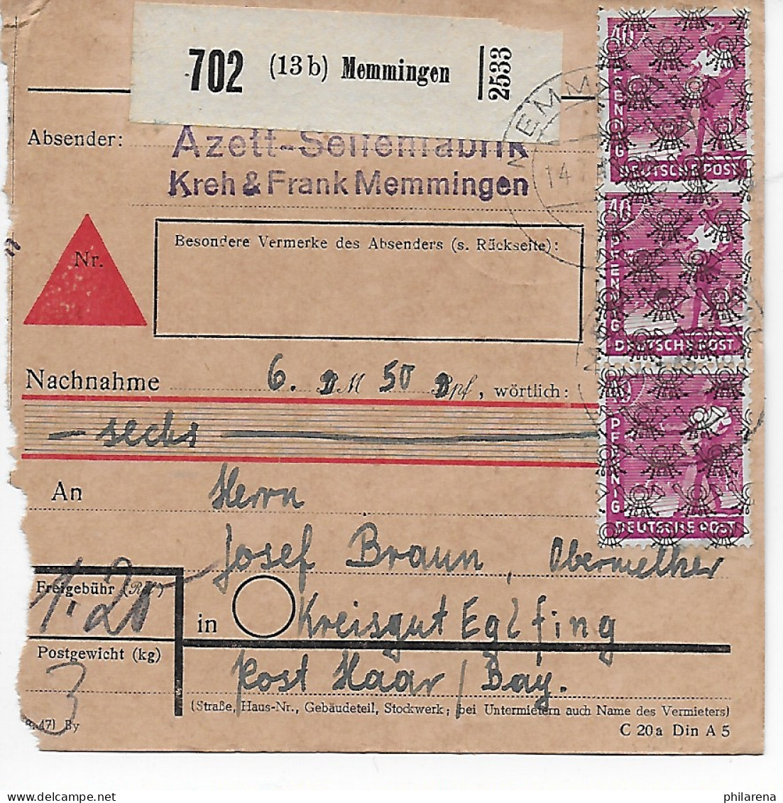 Paketkarte Nachnahme Memmingen, Seifenfabrik Nach Eglfing,  1948, MeF - Lettres & Documents