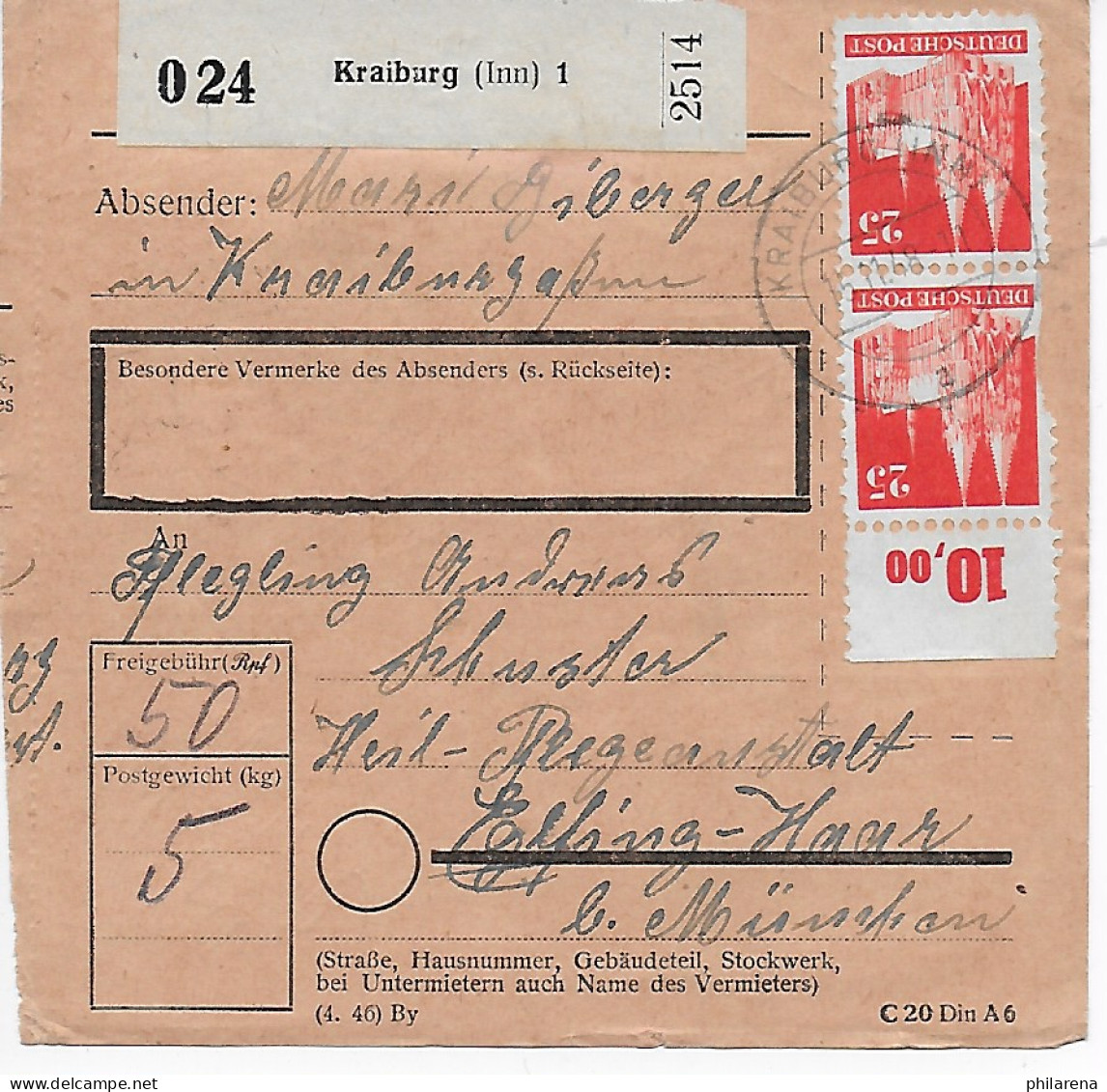 Paketkarte Kreiburg/Inn An Heilanstalt Eglfing,  1949, MeF - Briefe U. Dokumente